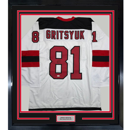 Framed Autographed/Signed Arseni Gritsyuk 35x39 New Jersey NJ White Hockey Jersey JSA COA