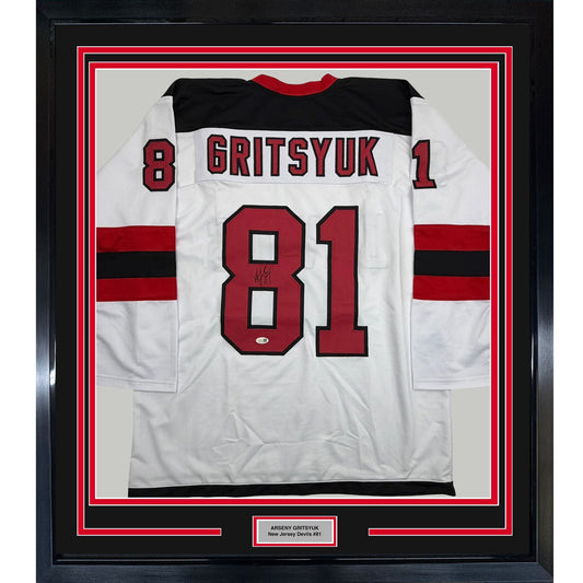 Framed Autographed/Signed Arseni Gritsyuk 35x39 New Jersey NJ White Hockey Jersey JSA COA