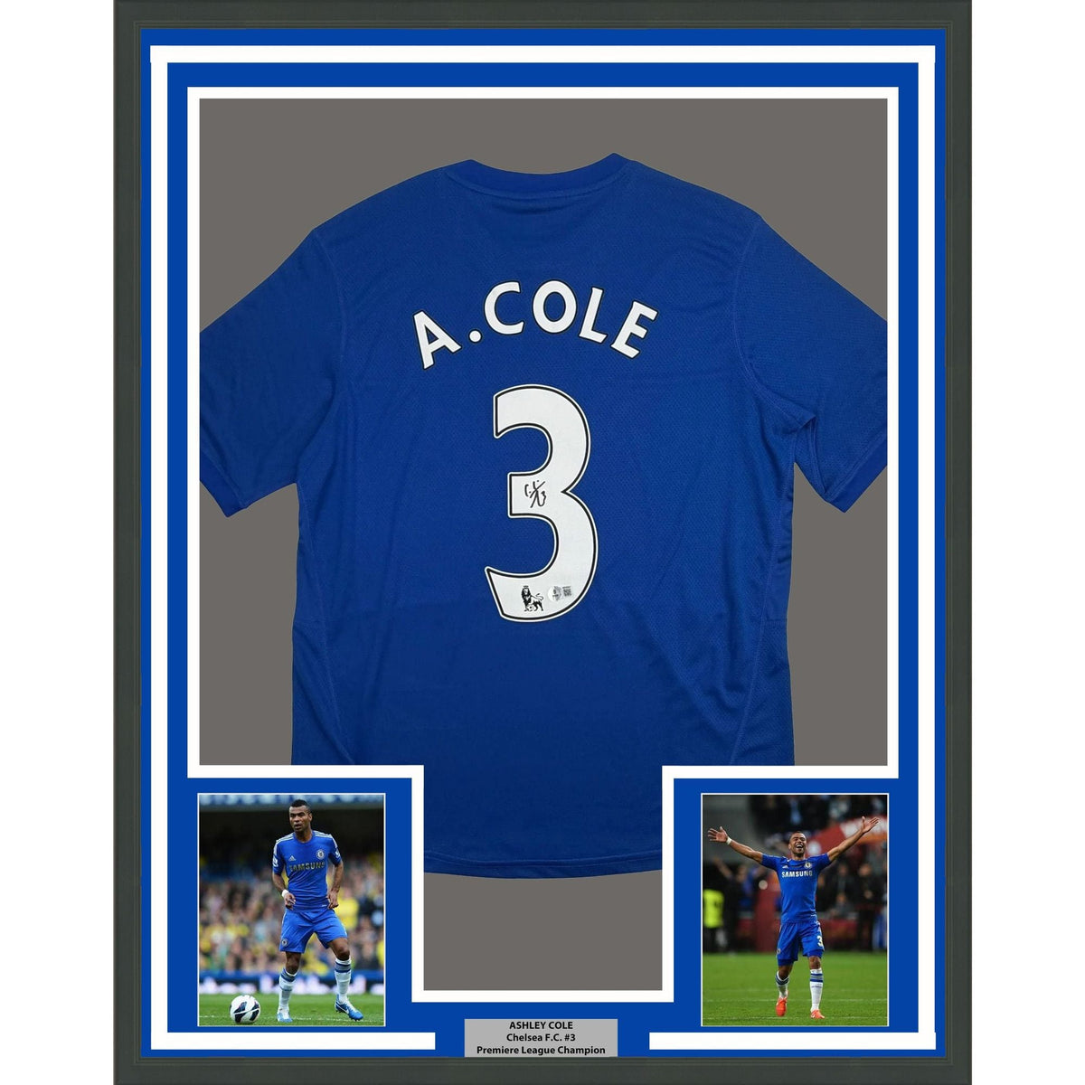 Framed Autographed/Signed Ashley Cole 35x39 Chelsea FC Blue Soccer Futbol Jersey Beckett BAS COA