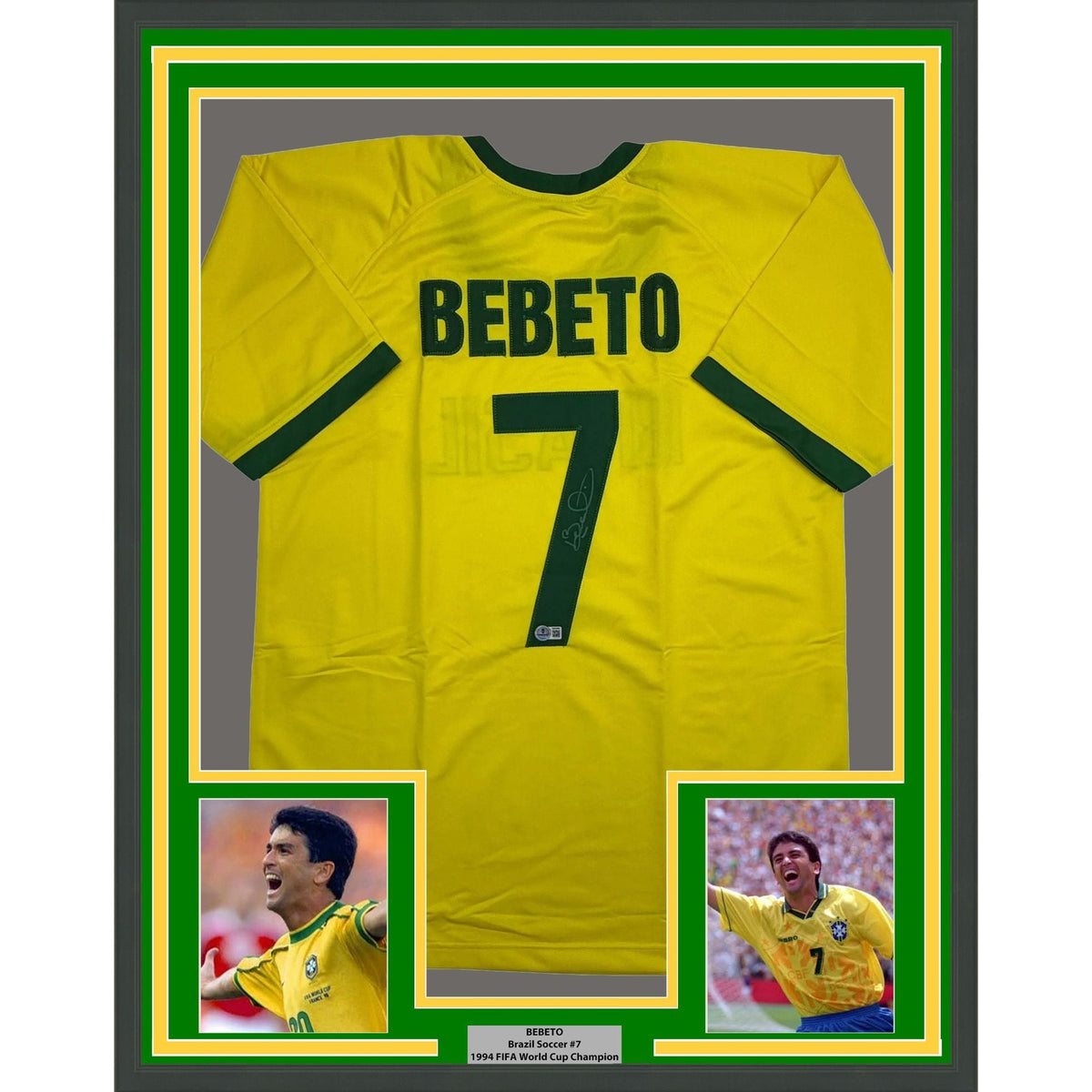 Framed Autographed/Signed Bebeto 35x39 Brazil Yellow Soccer Futbol Jersey Beckett BAS COA