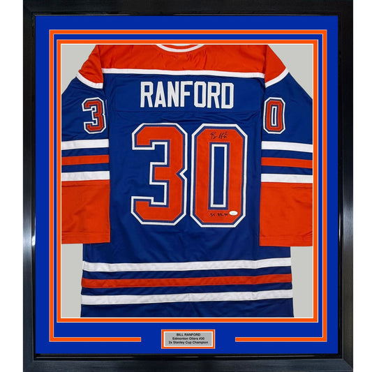 Framed Autographed/Signed Bill Ranford 35x39 Edmonton Blue Hockey Jersey JSA COA