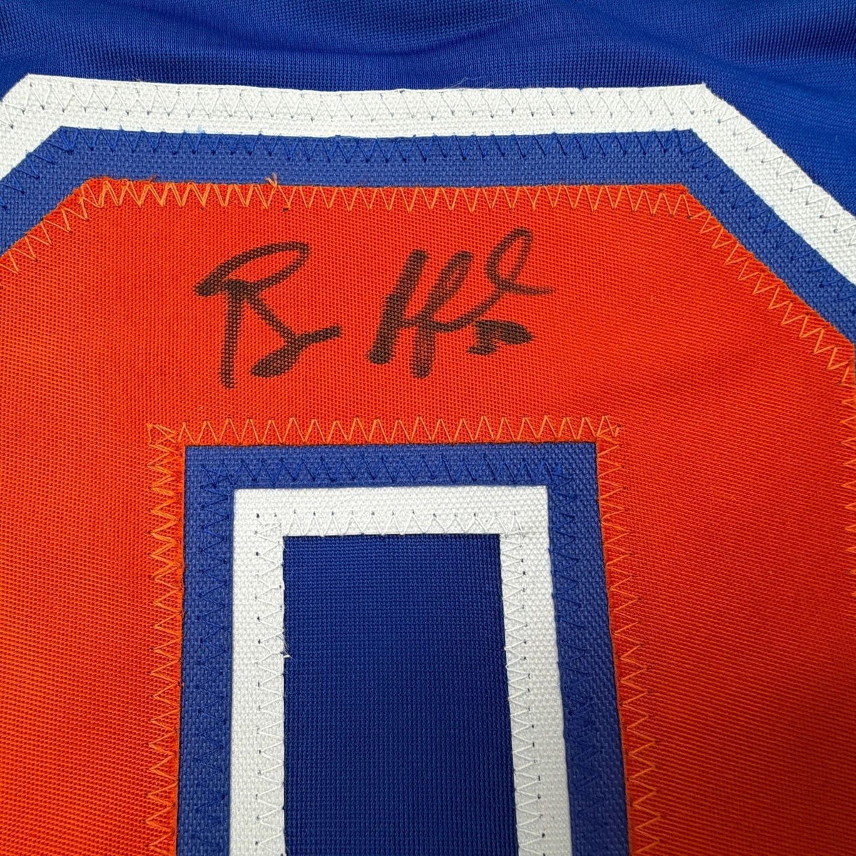 Framed Autographed/Signed Bill Ranford 35x39 Edmonton Blue Hockey Jersey JSA COA