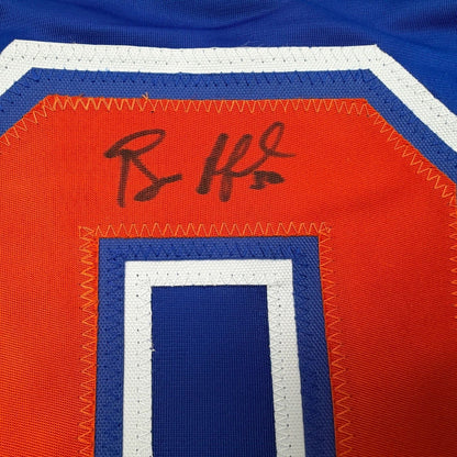 Framed Autographed/Signed Bill Ranford 35x39 Edmonton Blue Hockey Jersey JSA COA