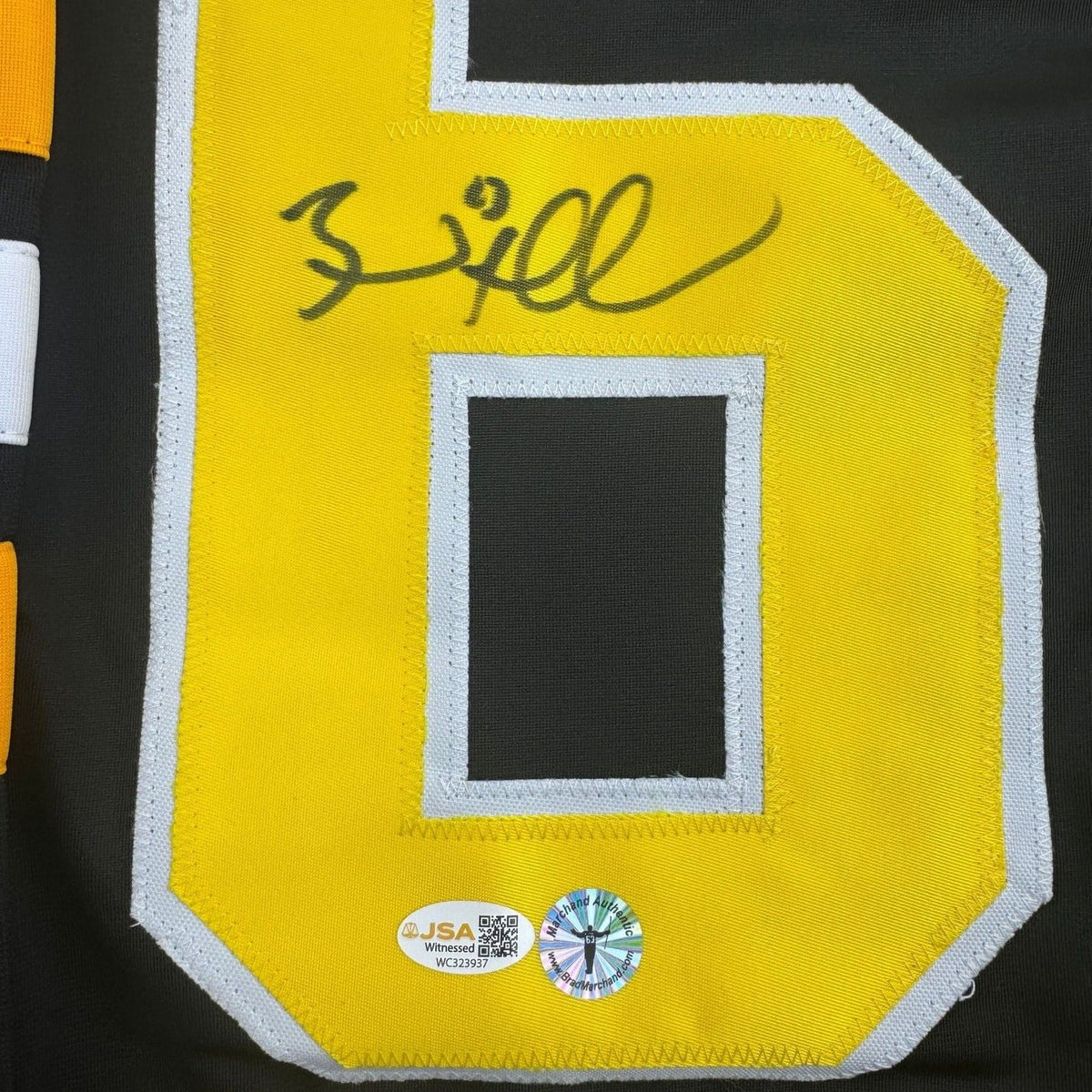 Framed Autographed/Signed Brad Marchand 35x39 Boston Black Hockey Jersey JSA COA