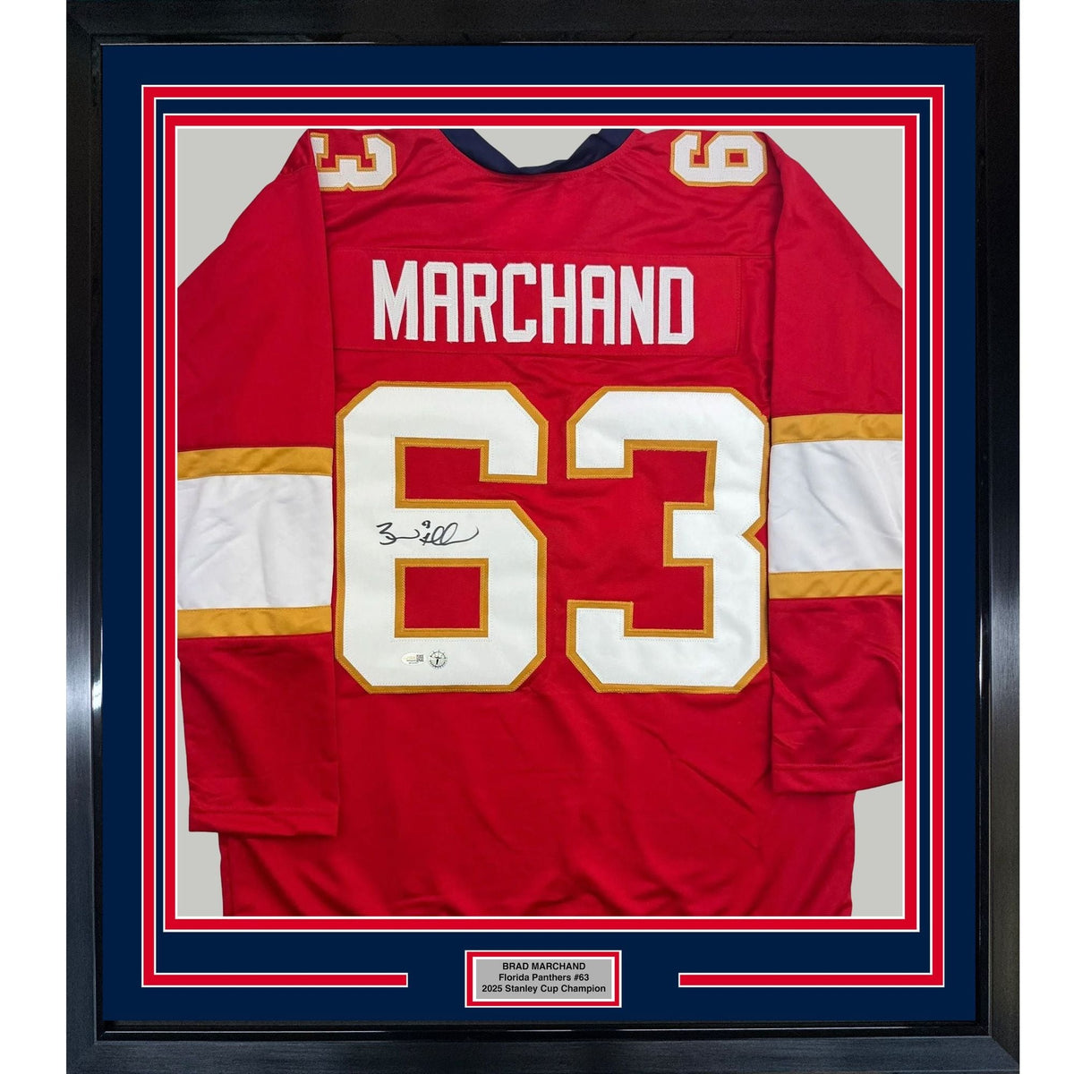 Framed Autographed/Signed Brad Marchand 35x39 Florida Red Hockey Jersey JSA COA