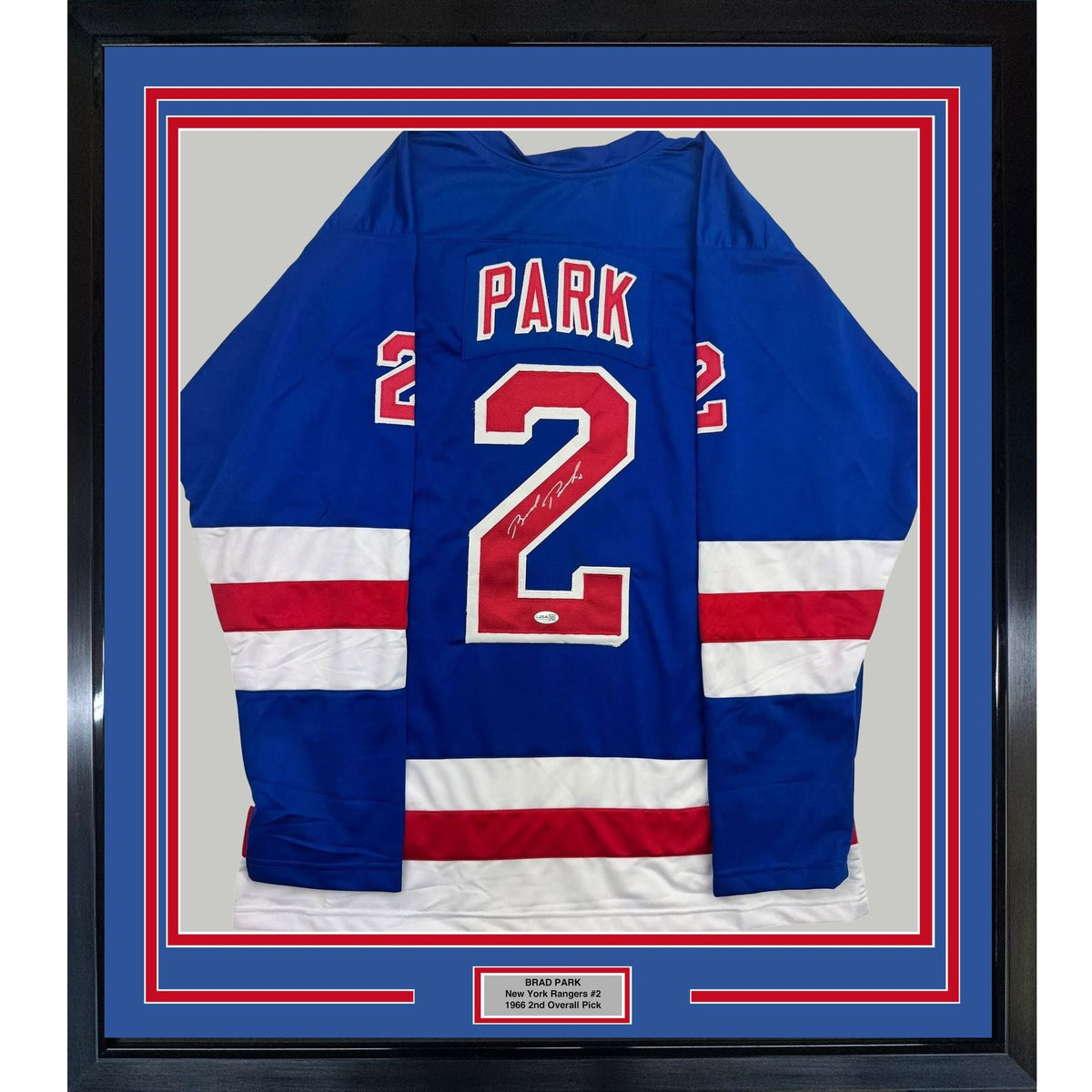 Framed Autographed/Signed Brad Park 35x39 New York Blue Hockey Jersey JSA COA