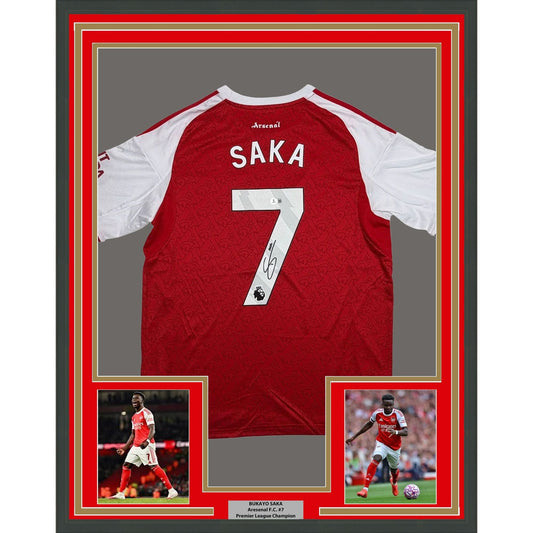 Framed Autographed/Signed Buyako Saka 35x39 Arsenal Red Soccer Futbol Jersey Beckett BAS COA