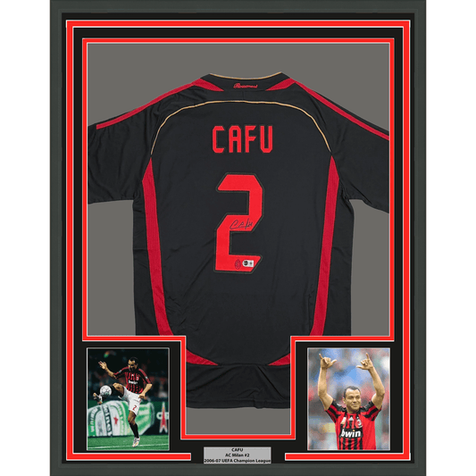Framed Autographed/Signed Cafu 35x39 AC Milan Black Soccer Futbol Jersey Beckett BAS COA
