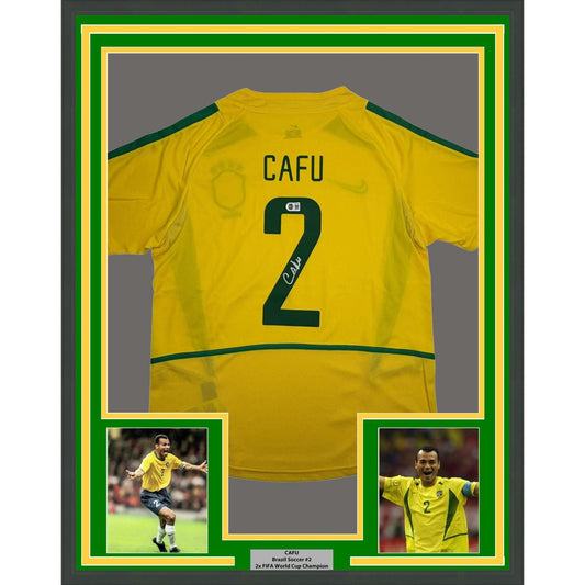 Framed Autographed/Signed Cafu 35x39 Brazil Yellow Soccer Futbol Jersey Beckett BAS COA