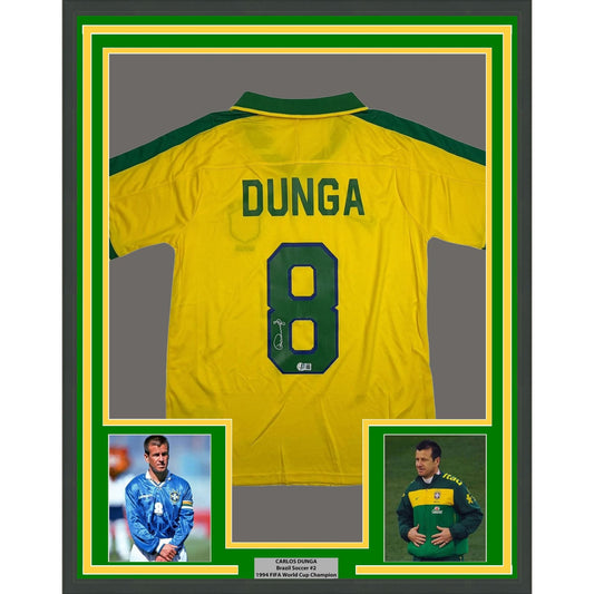 Framed Autographed/Signed Carlos Dunga 35x39 Brazil Yellow Soccer Futbol Jersey Beckett BAS COA