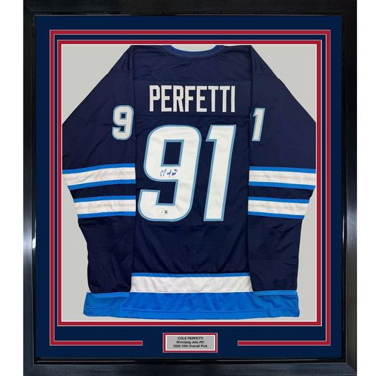 Framed Autographed/Signed Cole Perfetti 35x39 Winnipeg Blue Hockey Jersey Beckett BAS COA