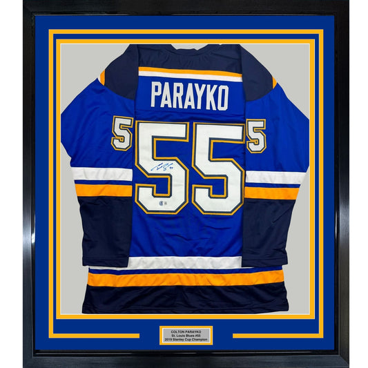 Framed Autographed/Signed Colton Parayko 35x39 St. Louis Blue Hockey Jersey Beckett BAS COA