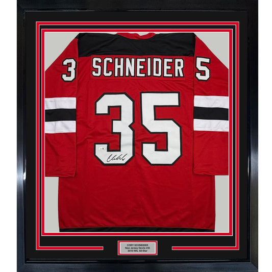 Framed Autographed/Signed Cory Schneider 35x39 New Jersey NJ Red Hockey Jersey JSA COA