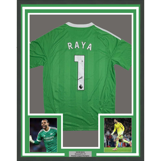 Framed Autographed/Signed David Raya 35x39 Arsenal Green Soccer Jersey Beckett BAS COA