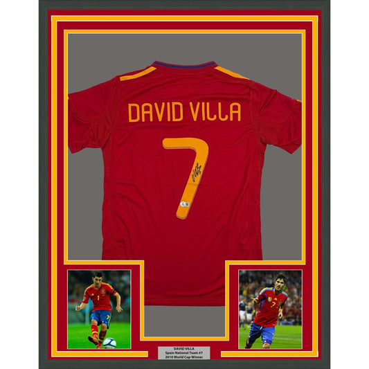 Framed Autographed/Signed David Villa 35x39 Spain Red World Cup Soccer Jersey Beckett BAS COA