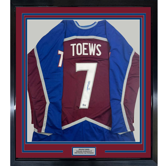 Framed Autographed/Signed Devon Toews 35x39 Colorado Maroon Hockey Jersey Beckett BAS COA