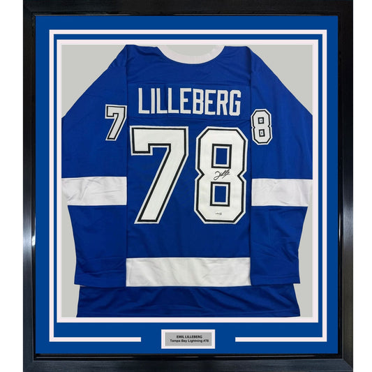 Framed Autographed/Signed Emil Lilleberg 35x39 Tampa Bay Blue Hockey Jersey JSA COA