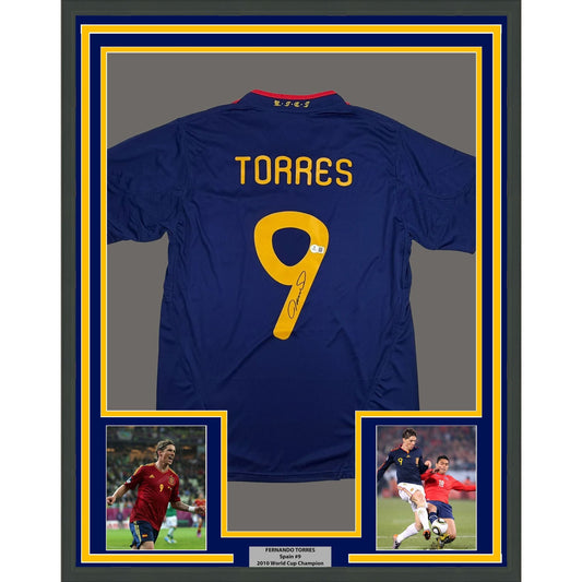 Framed Autographed/Signed Fernando Torres 35x39 Spain Blue Soccer Futbol Jersey Beckett BAS COA