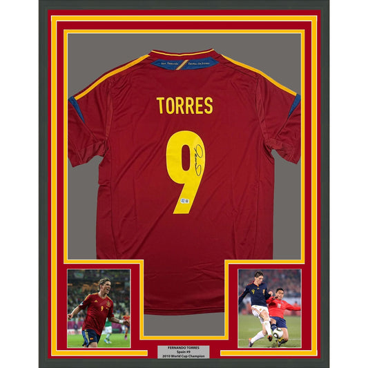Framed Autographed/Signed Fernando Torres 35x39 Spain Red Soccer Futbol Jersey Beckett BAS COA #2