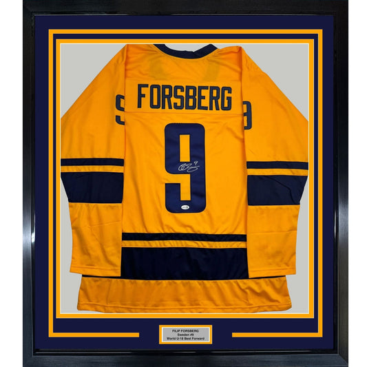 Framed Autographed/Signed Filip Forsberg 35x39 Sweden Yellow Hockey Jersey JSA COA