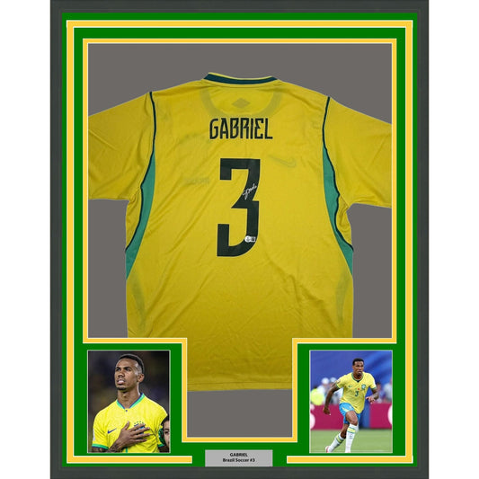 Framed Autographed/Signed Gabriel 35x39 Brazil Yellow Soccer Futbol Jersey Beckett BAS COA