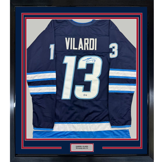 Framed Autographed/Signed Gabriel Vilardi 35x39 Winnipeg Blue Hockey Jersey Beckett BAS COA