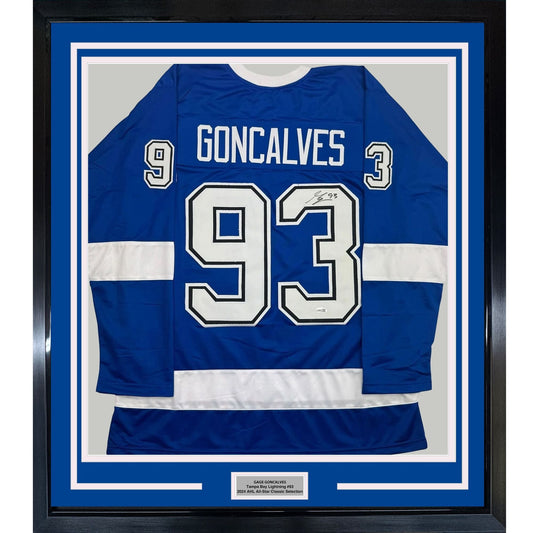 Framed Autographed/Signed Gage Goncalves 35x39 Tampa Bay Blue Hockey Jersey JSA COA