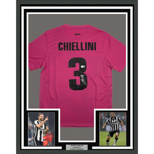 Framed Autographed/Signed Giorgio Chiellini 35x39 Juventus Pink Soccer Futbol Jersey Beckett BAS COA