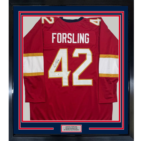 Framed Autographed/Signed Gustav Forsling 35x39 Florida Red Hockey Jersey JSA COA
