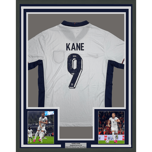 Framed Autographed/Signed Harry Kane 35x39 England White Soccer Jersey PSA/DNA COA