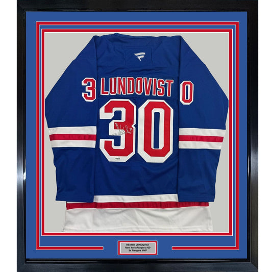 Framed Autographed/Signed Henrik Lundqvist 35x39 New York Blue Hockey Jersey JSA COA