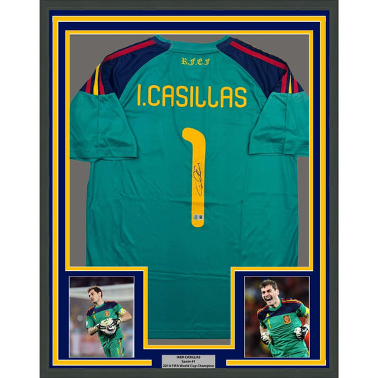 Framed Autographed/Signed Iker Casillas 35x39 Spain Teal Soccer Futbol Jersey Beckett BAS COA
