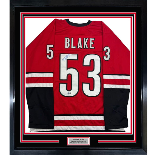 Framed Autographed/Signed Jackson Blake 35x39 Carolina Red Hockey Jersey Beckett BAS COA