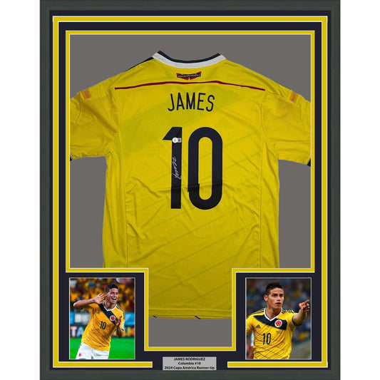 Framed Autographed/Signed James Rodriguez 35x39 Columbia Yellow Soccer Futbol Jersey Beckett BAS COA