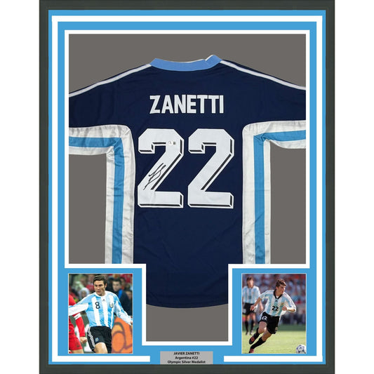 Framed Autographed/Signed Javier Zanetti 35x39 Argentina Blue #22 Soccer World Cup Jersey Beckett BAS COA