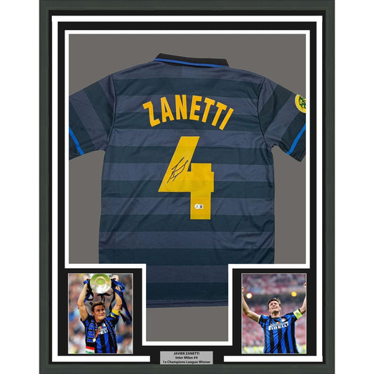 Framed Autographed/Signed Javier Zanetti 35x39 Inter Milan Navy Blue Soccer Futbol Jersey Beckett BAS COA