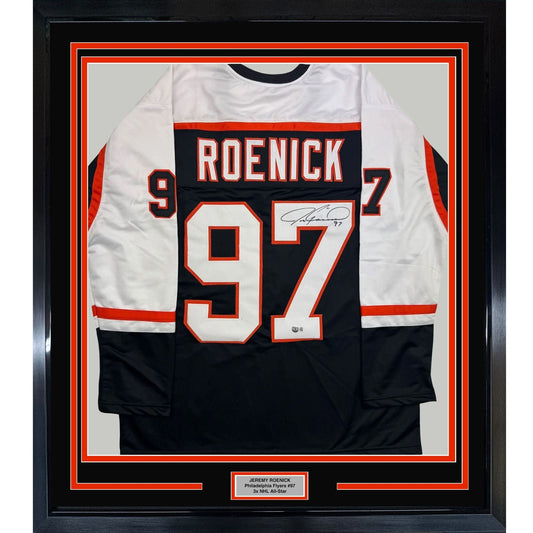 Framed Autographed/Signed Jeremy Roenick 35x39 Philadelphia Black Hockey Jersey Beckett BAS COA