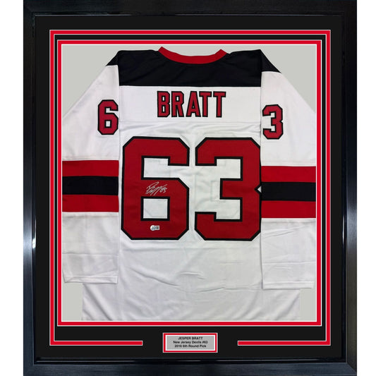 Framed Autographed/Signed Jesper Bratt 35x39 New Jersey NJ White Hockey Jersey Beckett BAS COA