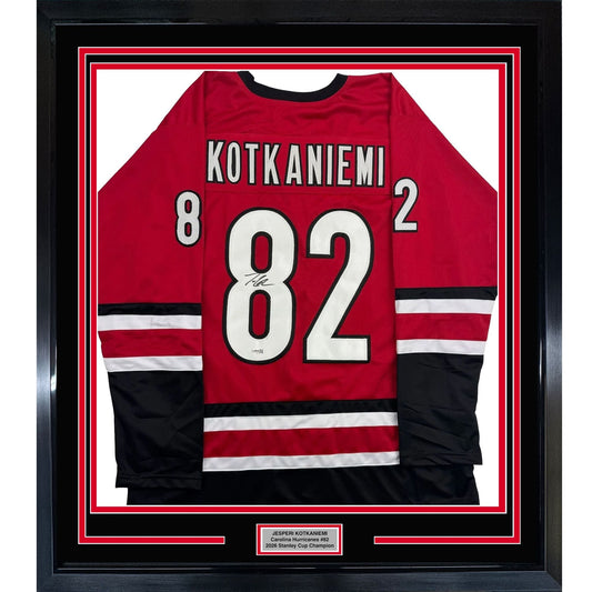 Framed Autographed/Signed Jesperi Kotkaniemi 35x39 Carolina Red Hockey Jersey Beckett BAS COA