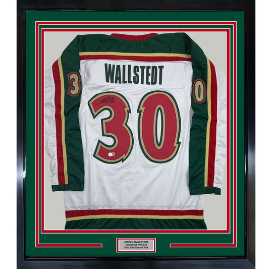 Framed Autographed/Signed Jesper Wallstedt 35x39 Minnesota White 25th Anniversary Hockey Jersey Beckett BAS COA