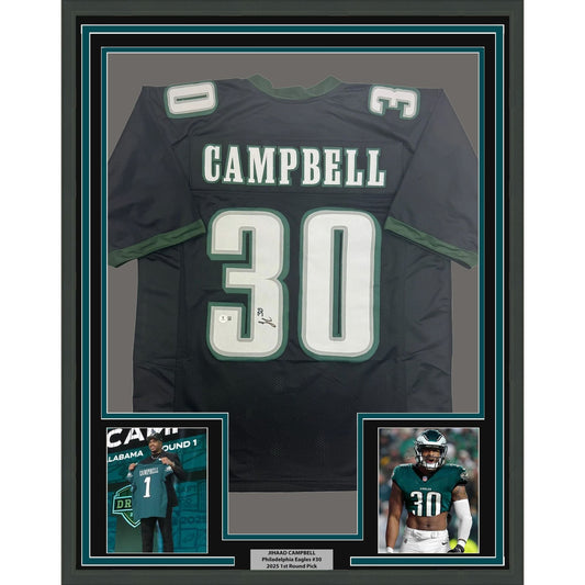 Framed Autographed/Signed Jihaad Campbell 35x39 Philadelphia Black Football Jersey Beckett BAS COA