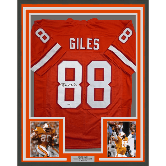 Framed Autographed/Signed Jimmie Giles 35x39 Tampa Bay Orange Football Jersey JSA COA