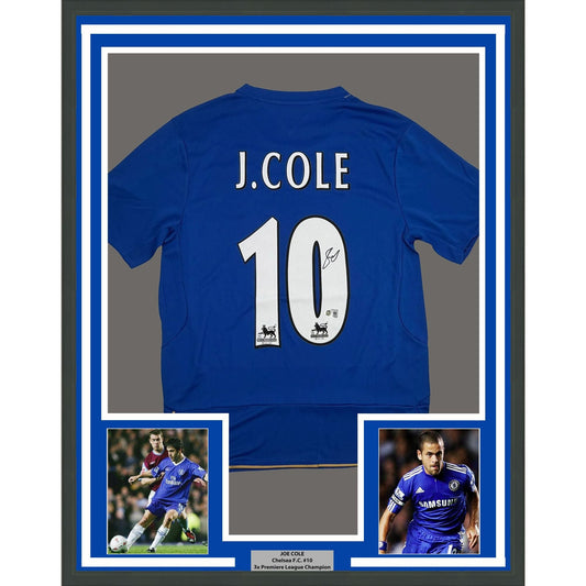 Framed Autographed/Signed Joe Cole 35x39 Chelsea FC Blue Soccer Futbol Jersey Beckett BAS COA