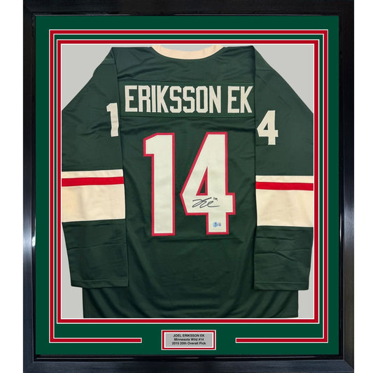 Framed Autographed/Signed Joel Eriksson Ek 35x39 Minnesota Green Hockey Jersey Beckett BAS COA