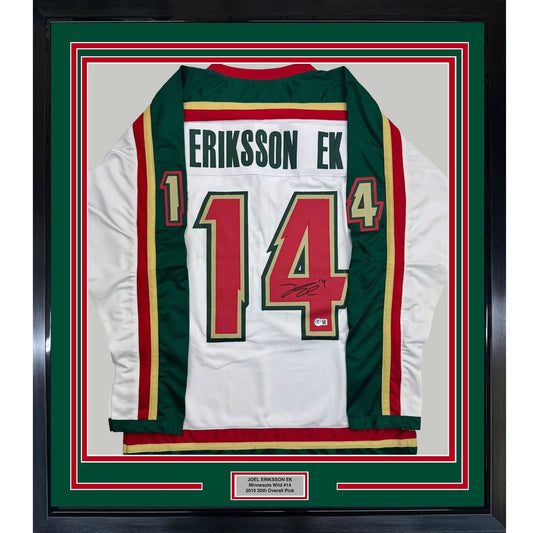 Framed Autographed/Signed Joel Eriksson Ek 35x39 Minnesota White 25th Anniversary Hockey Jersey Beckett BAS COA