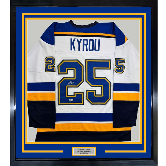 Framed Autographed/Signed Jordan Kyrou 35x39 St. Louis White Hockey Jersey Beckett BAS COA