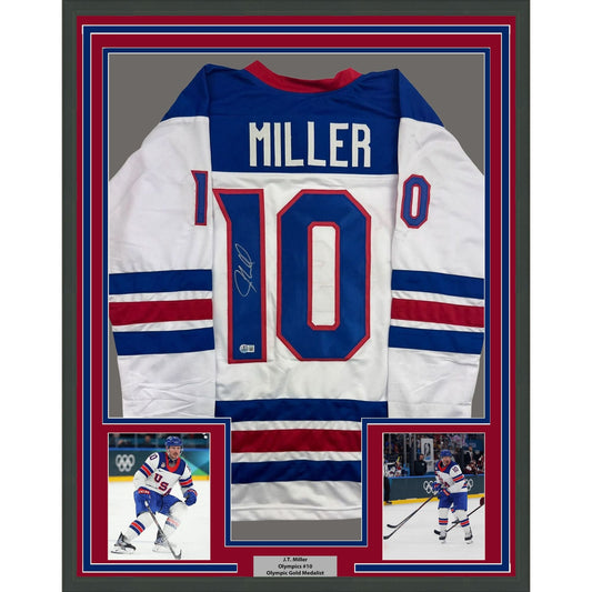 Framed Autographed/Signed JT J.T. Miller 35x39 Team USA White Hockey Jersey Beckett BAS COA
