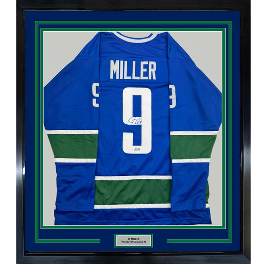 Framed Autographed/Signed JT Miller 35x39 Vancouver Blue Hockey Jersey Beckett BAS COA