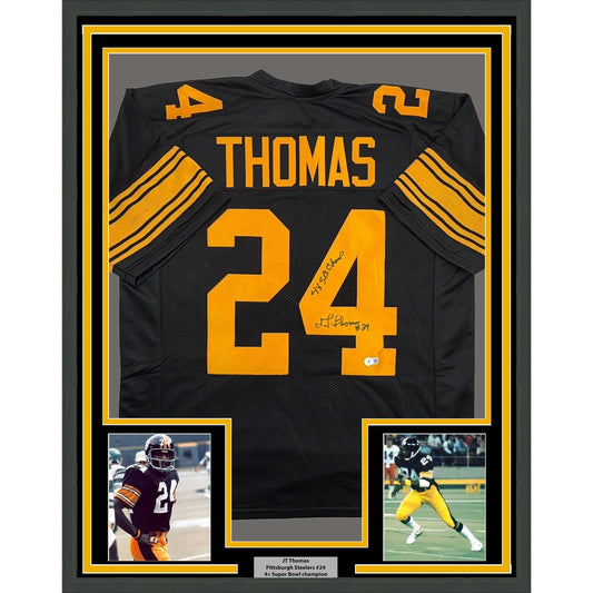 Framed Autographed/Signed JT Thomas 35x39 Pittsburgh Black Color Rush Football Jersey Beckett BAS COA