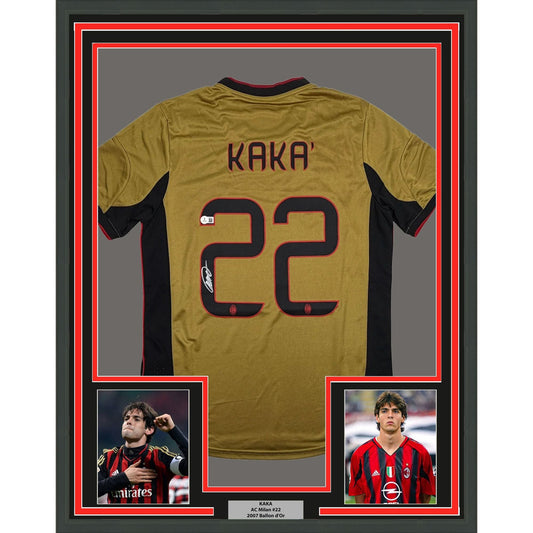 Framed Autographed/Signed Ricardo Kaka 35x39 AC Milan Gold Soccer Futbol Jersey Beckett BAS COA